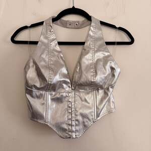 GARY WOOD Silver faux Leather Hook and Eye closure Halter Corset Top Small BNWOT